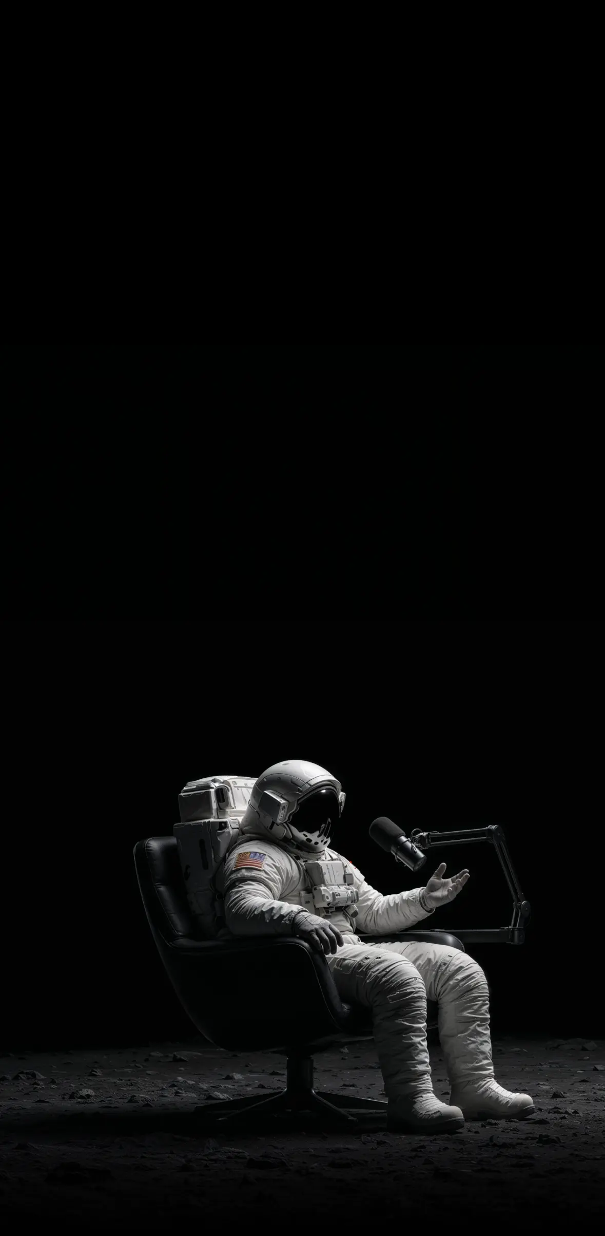 Two astronauts recording a podcast in armchairs